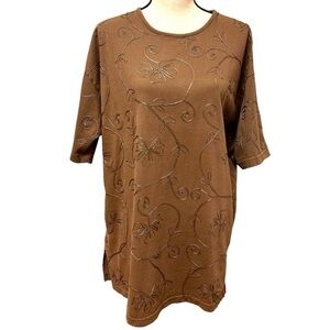 Vintage 90s Embroidered Tunic Top: Liz & Co. Oversized Brown Floral, Size Large